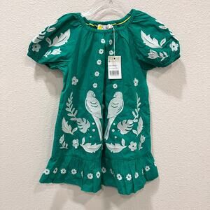 NWT Mini Boden Puff Sleeve Embroidered Dress - Green Pepper Birds (2-3Y)